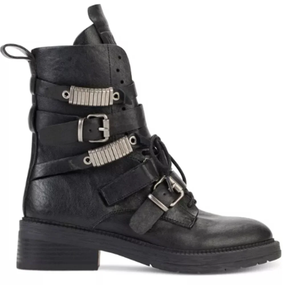 DKNY Black Buckled Combat Boots. Silver-Tone Metal Accents. 7. New. - Picture 3 of 13